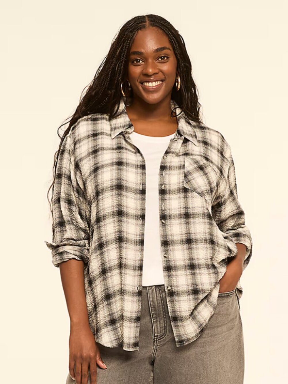Lane Bryant Plus 14/16 Crinkle Plaid Flannel Button Up Grunge Minimalist Fall